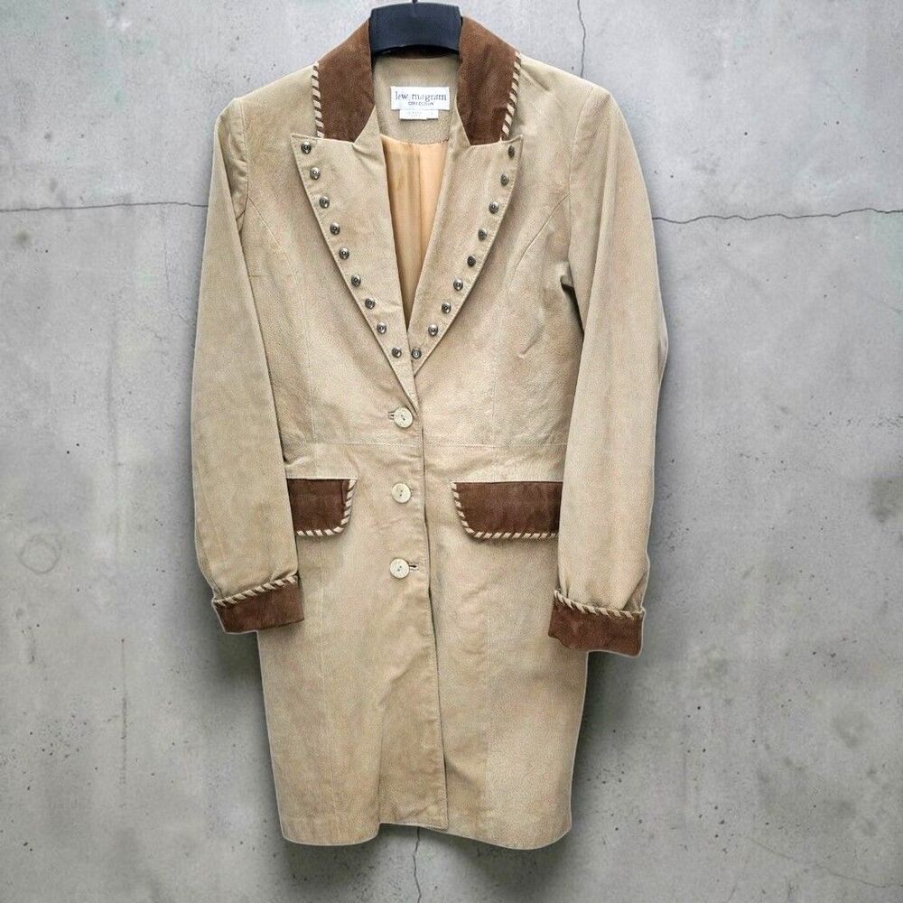 Vintage 80s Lew Magram Suede Long Jacket Womens 6 Tan Studs Western Equestrian